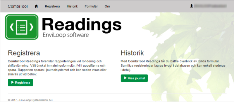 Startsida för CombiTool Readings. Kolla in historik eller registrera nya värden!